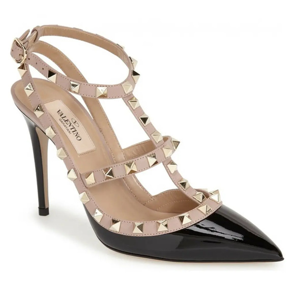 Valentino Rockstud Black Patent Poudre Nude Ankle T Strap Classic Heel Pump 41.5 - Picture 3 of 12